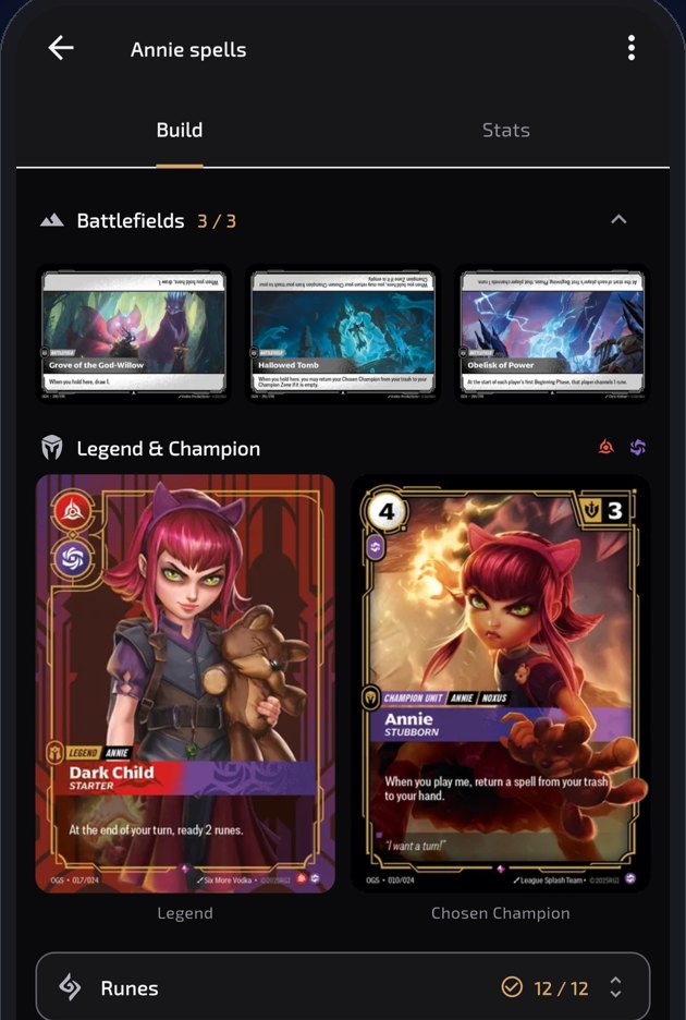 The Mejai's deck builder: battlefields 3/3, Legend and Chosen Champion slots filled, runes 12/12